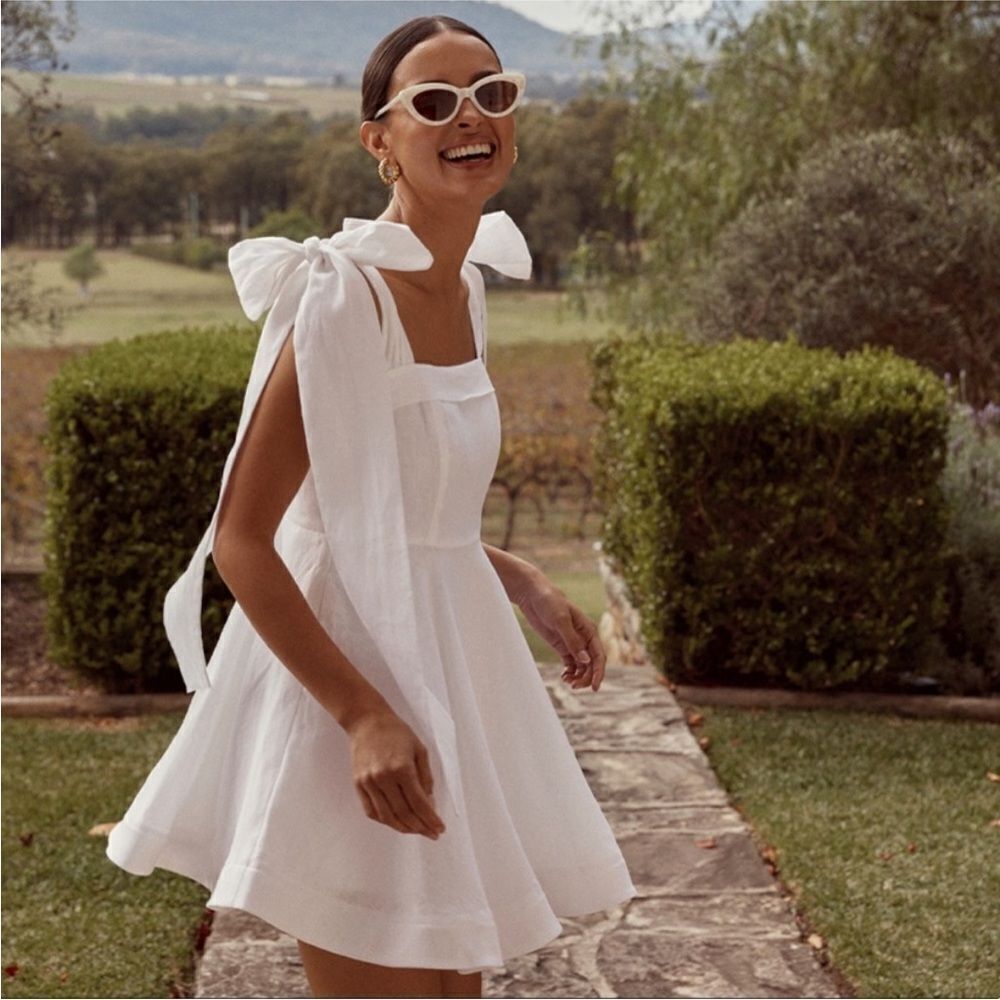 NWT DISSH Aisle White Linen Bow Mini Dress